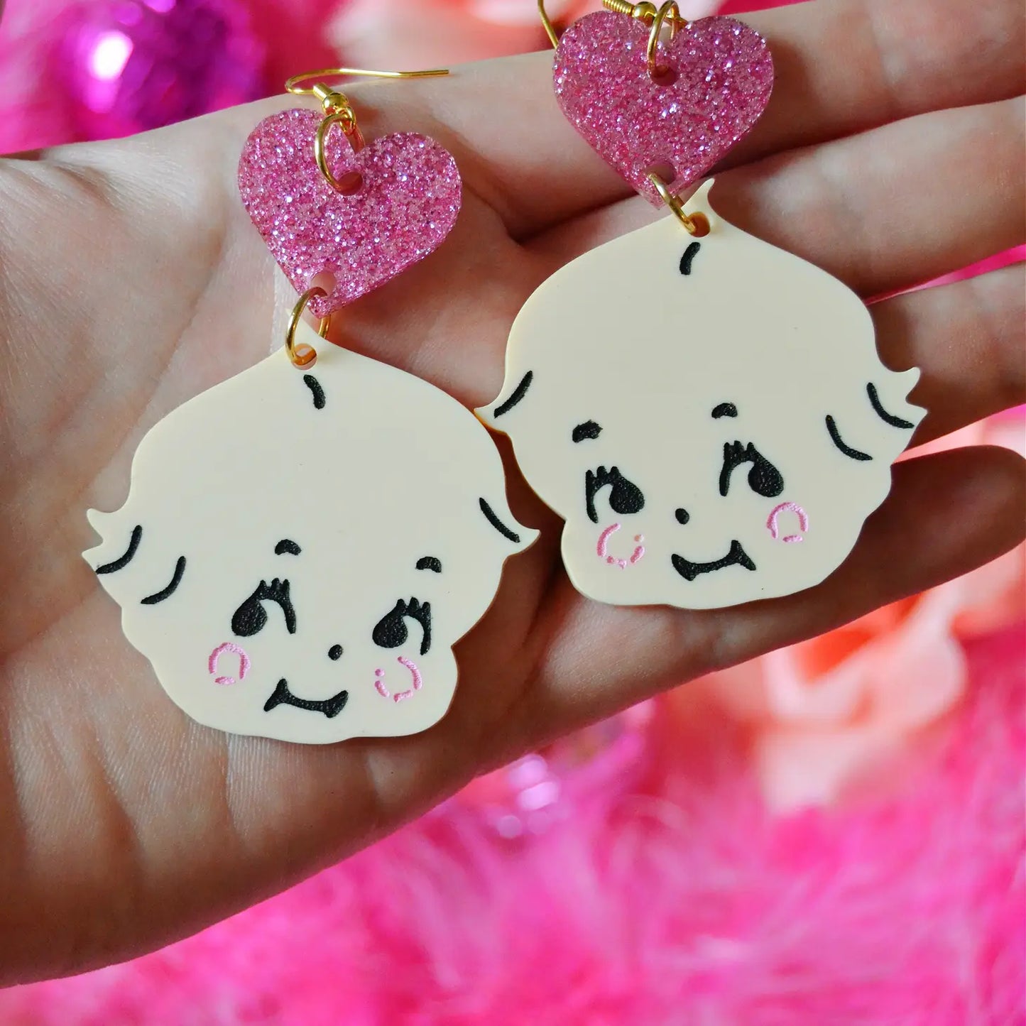 ACRYLIC KEWPIE RETRO DOLL EARRINGS