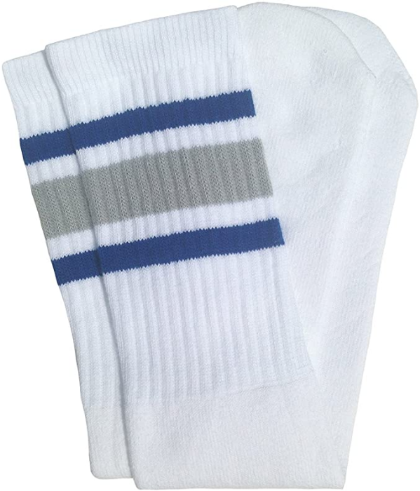 22-INCH KNEE HIGH SOCKS-WHITE-ROYAL BLUE-GREY STRIPE*