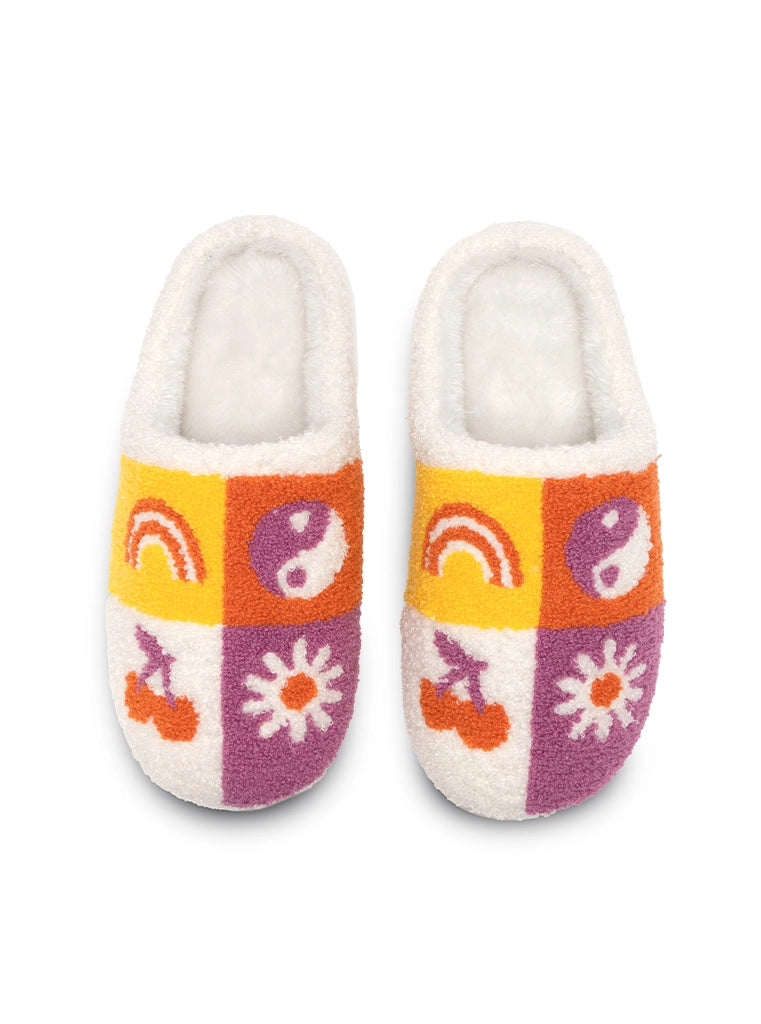 MULTI-COLORED ICONIC SYMBOL SLIPPERS