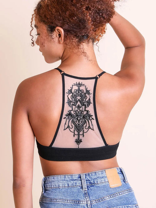 TATTO DESING MESH RACERBACK BRALETTE BLACK