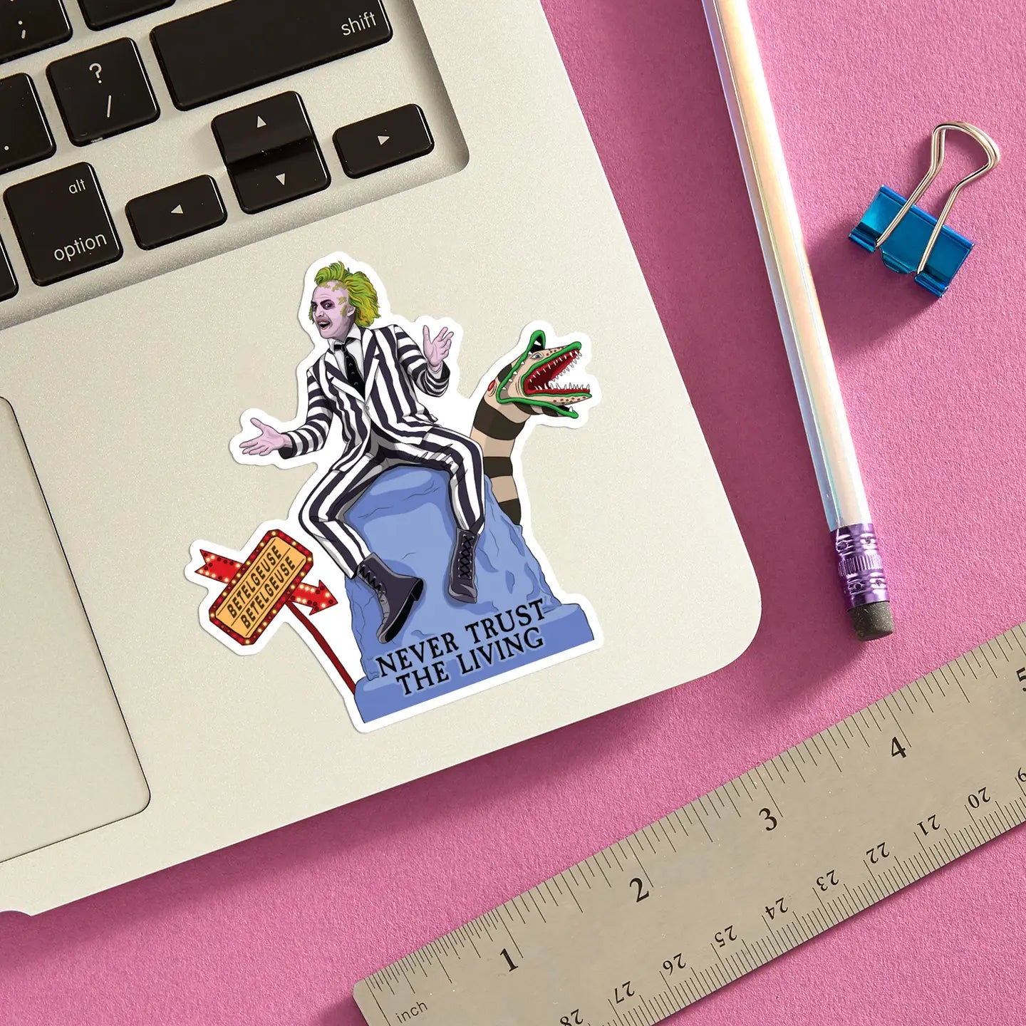 NEVER TRUST THE LIVING BEETLEJUICE  DIE CUT STICKER