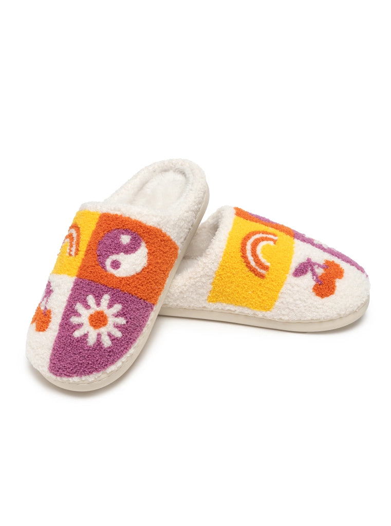 MULTI-COLORED ICONIC SYMBOL SLIPPERS