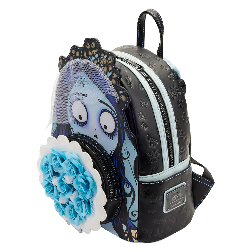 Loungefly Corpse Bride Emily Bouquet Womens Double Strap Shoulder Bag Purse. This cute, blue flowers and white vail bag its perfect to die for.