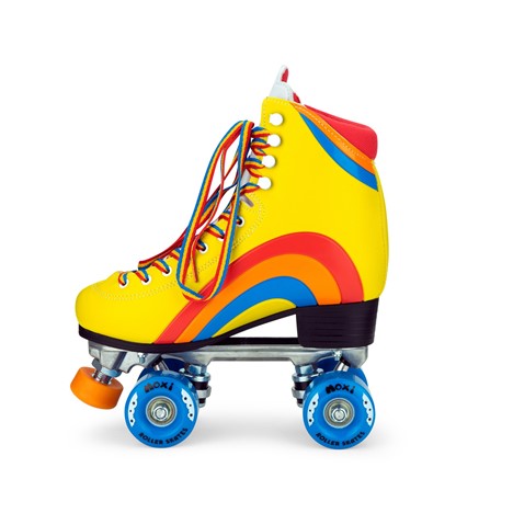 Come to Fresa's Roller Skate shop in Las Vegas and get your Moxi skates Rainbow Raider Yellow.   These Yellow Moxi Skate Rainbow Raider are ready for outdoor skating.  Cruise around Las Vegas Art District or come and skate in our indoor skate ramp. Fresa's Roller Skate Shop the one skate shop in Las Vegas.  We build custome shoe roller skate, roller Skate Classes and Roller Blade classes.